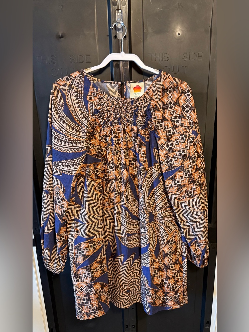 FARM Rio Purple/Tan Geometric Smocked-Neck Tunic-eye Catching Pattern!